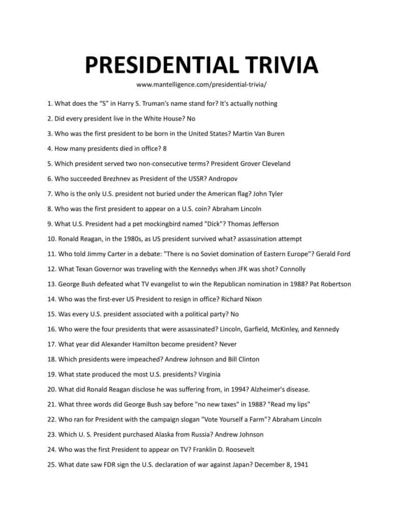 52 Presidential Trivia Questions & Answers (Easy, Hard, Funny)