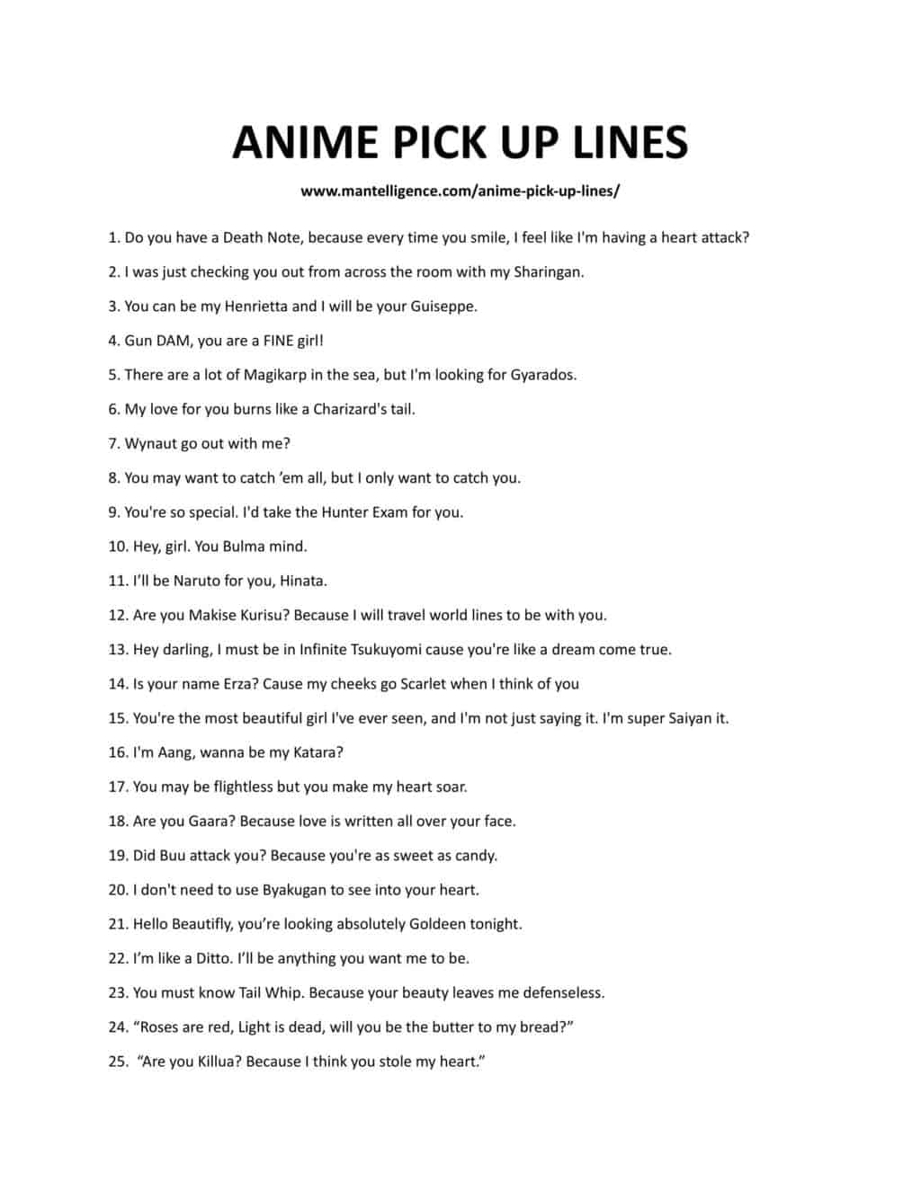 Downloadable list of pick up lines