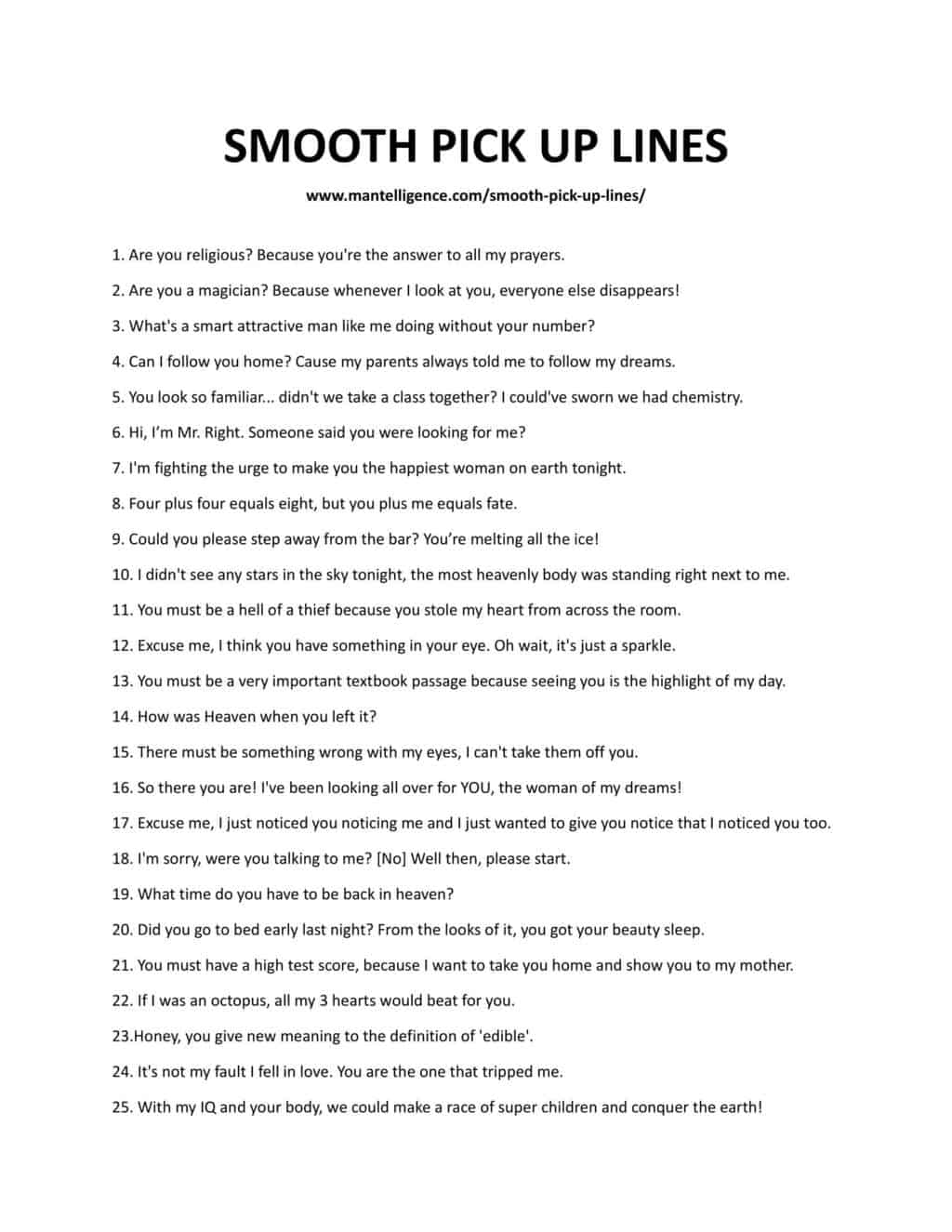 Downloadable list of pick-up lines