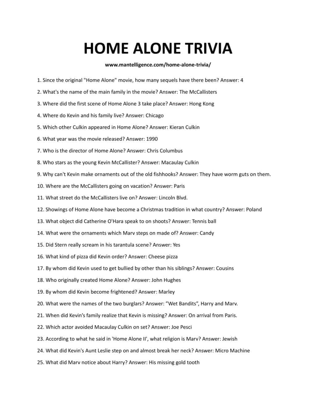 Downloadable list of trivia