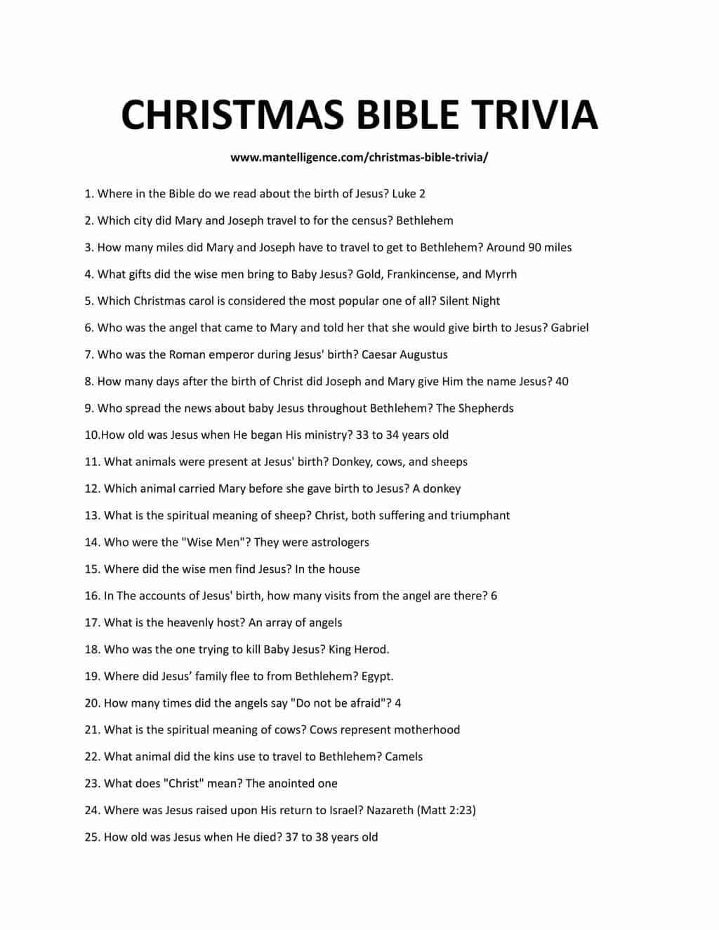 Free Printable Christmas Bible Trivia With Answers
