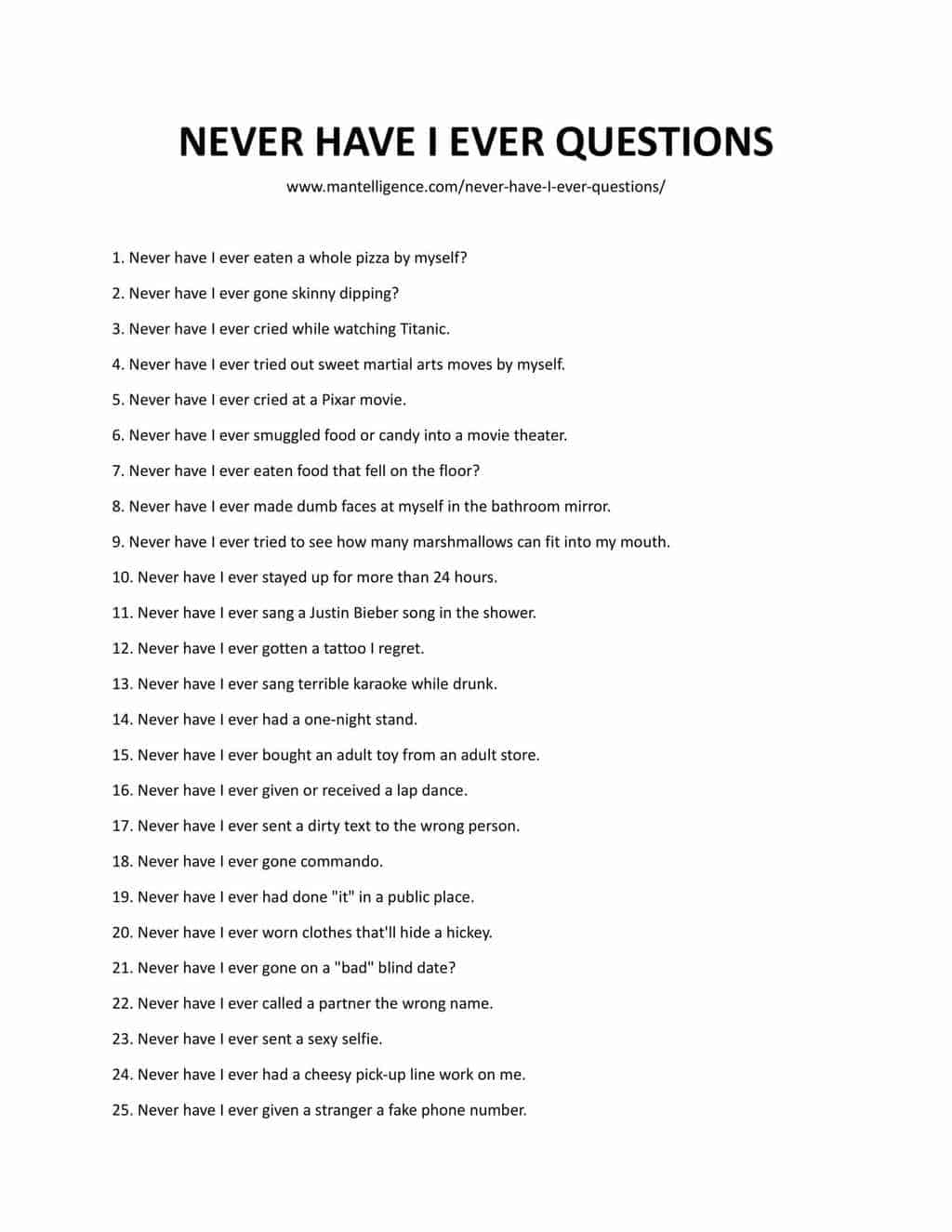 Downloadable and printable list of questions