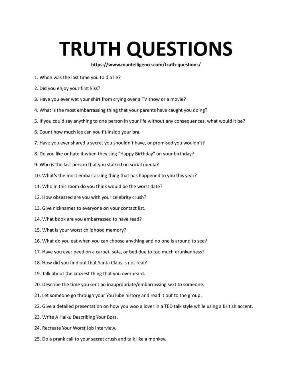 Downloadable and Printable List of Truth Questions