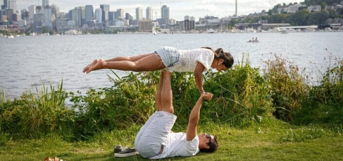 Couple doing a morning yoga together.