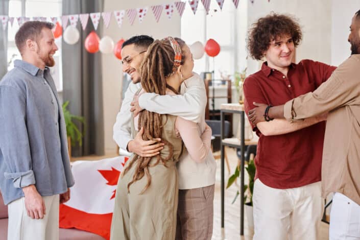 group of friends greeting each other