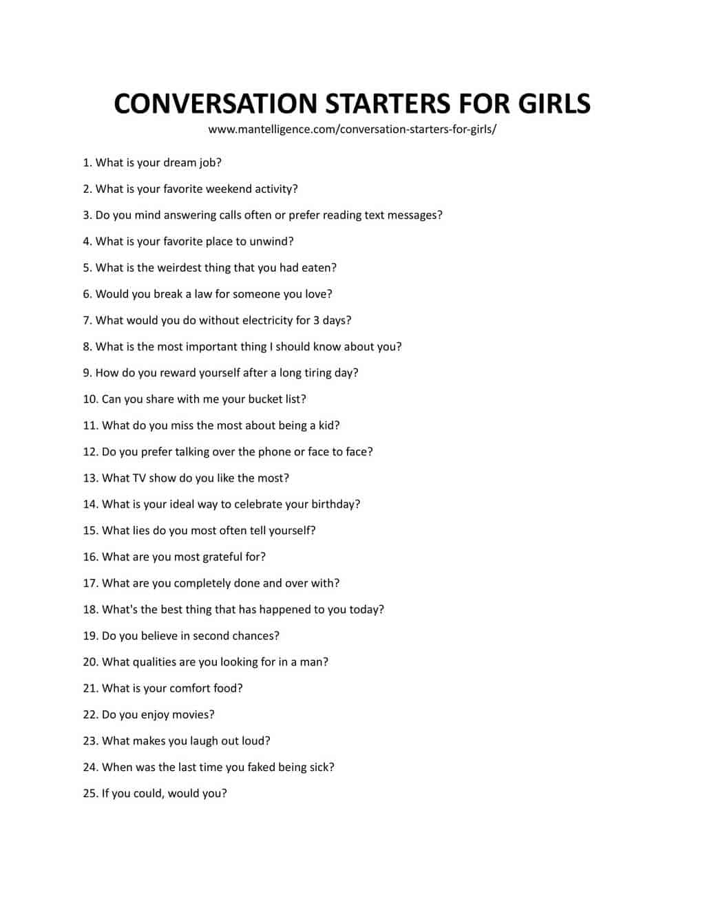 Downloadable and printable list of conversation starters