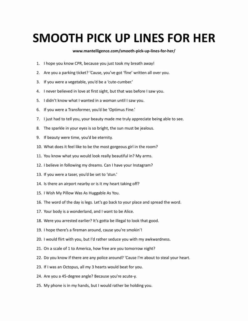 Downloadable and Printable list of pick up lines