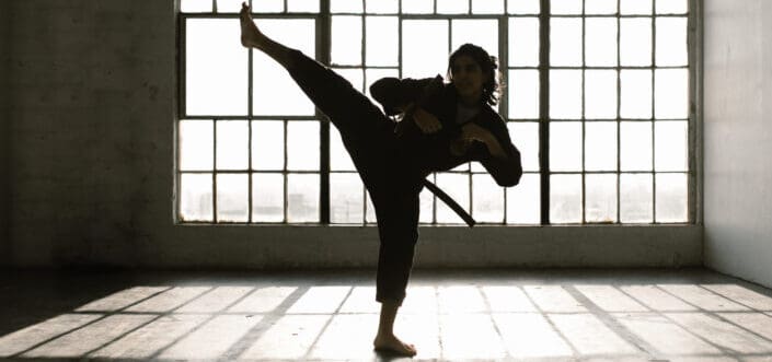 A silhouette of a person doing a high kick. 