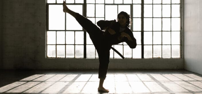A silhouette of a person doing a high kick.