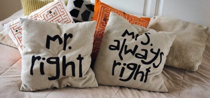 ms and mr right brown throw pillows