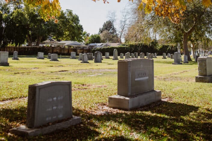 Gray gravestones on cemetery beside a tree with fall leaves