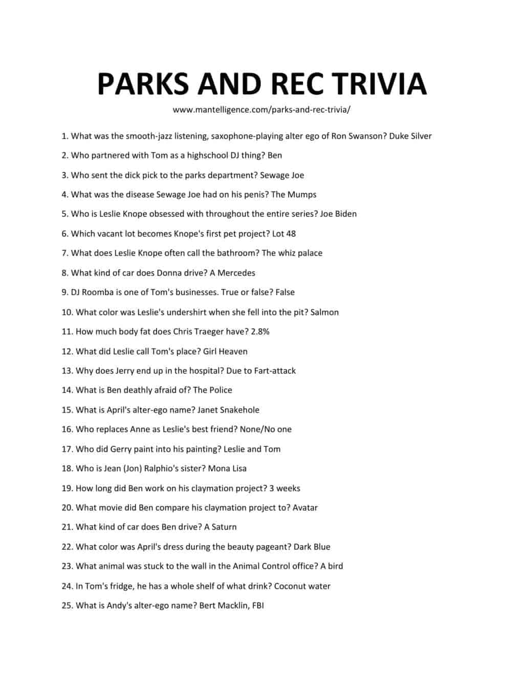 Downloadable and Printable List of Trivia