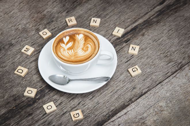 things to do in the morning - latte art surrounded by scrabble letters