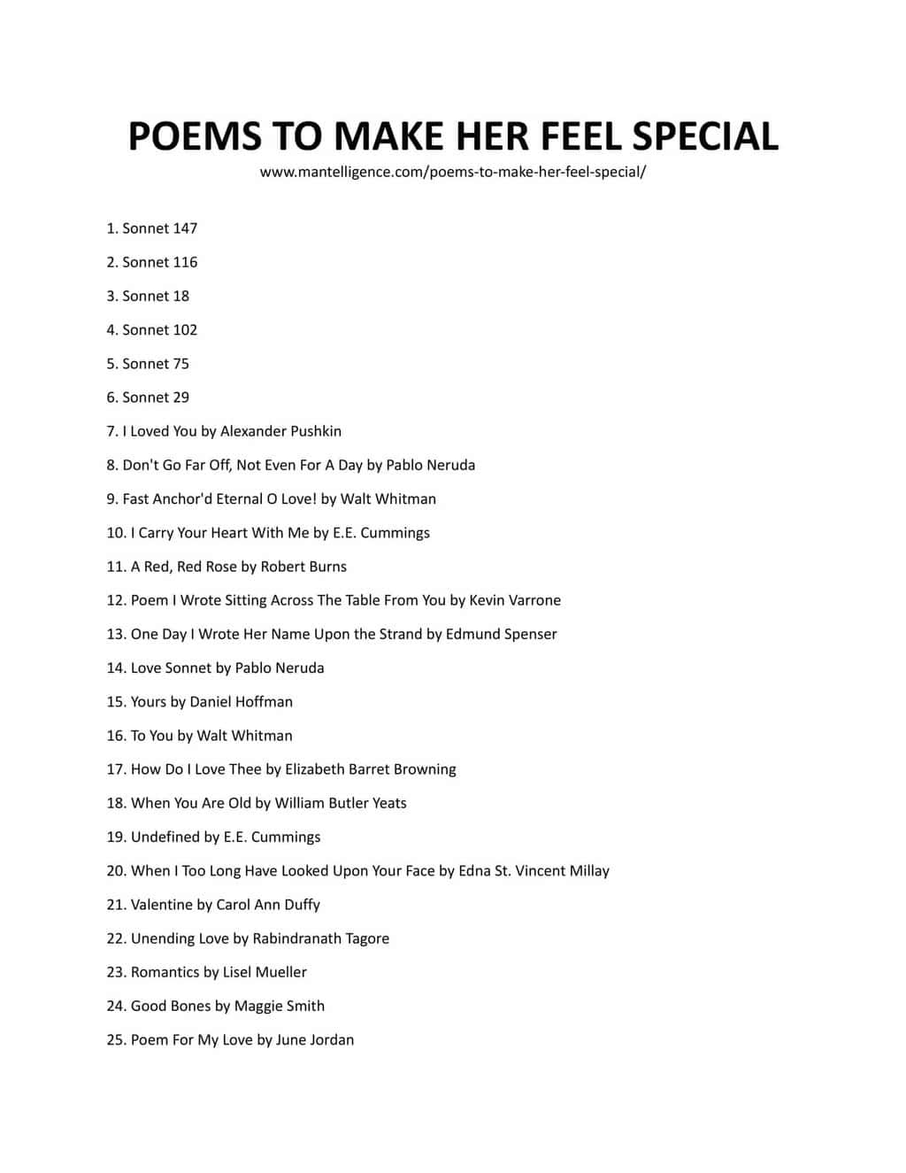 List of Downloadable List of poem that make her feel special