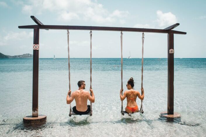 Man and woman on a swing in the beach