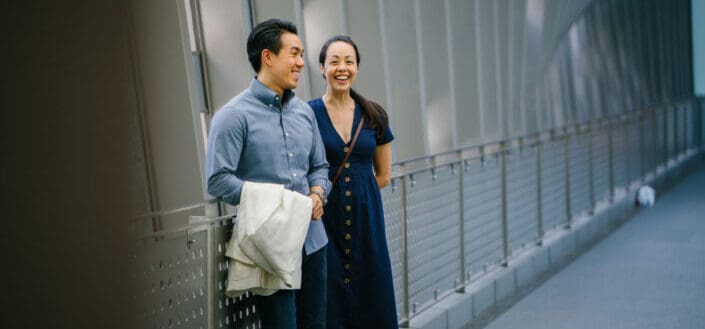 Happy dressed up couple waiting outside