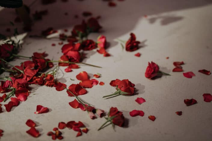 red rose petals on white bed linen