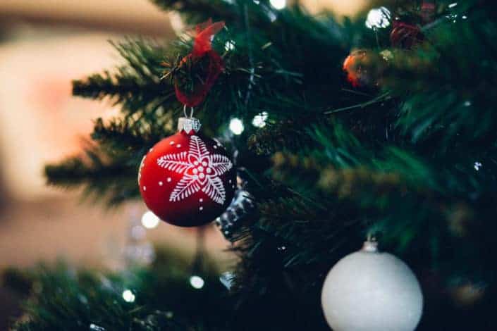 Red Christmas Ball Hanging From a Christmas Tree