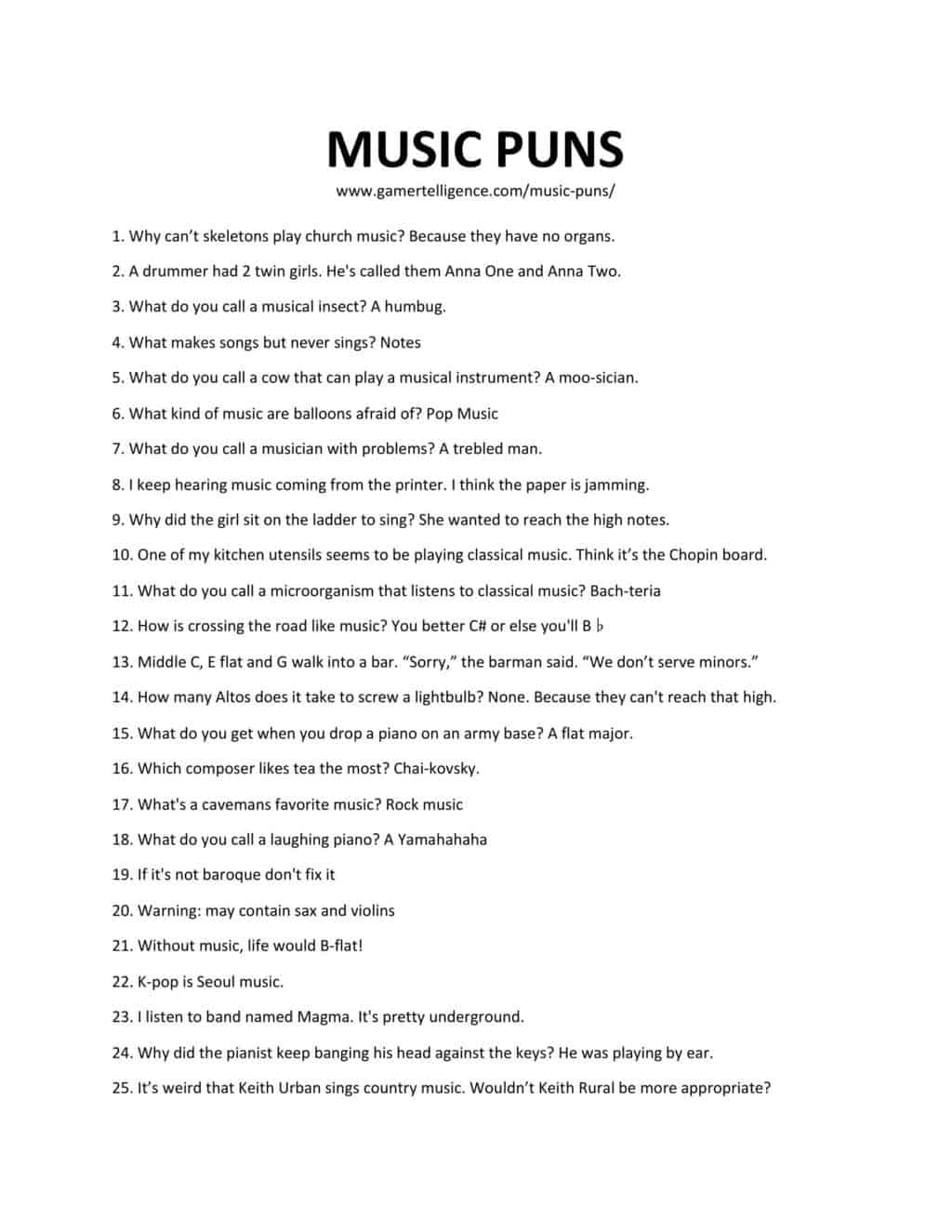 Downloadable and printable list of music puns as jpg or pdf