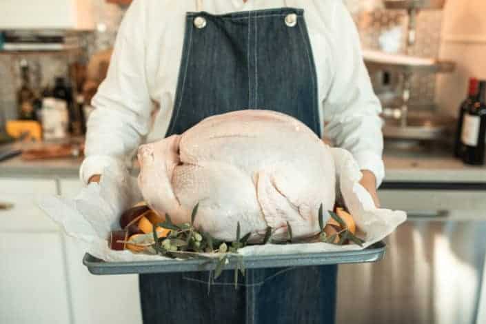 person holding tray of raw turkey