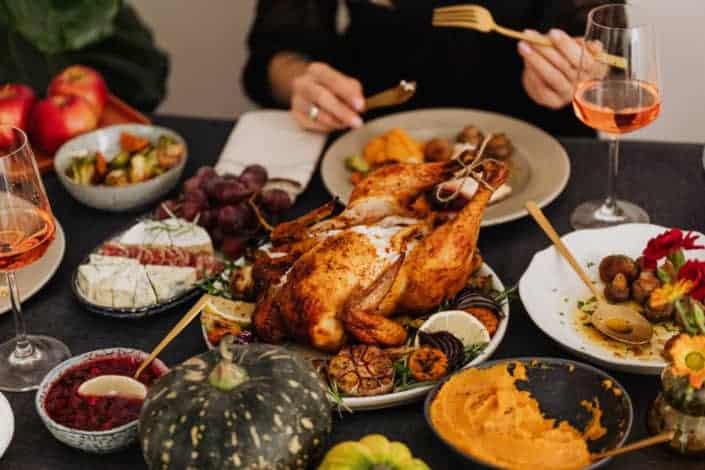 Roasted turkey on white ceramic plate