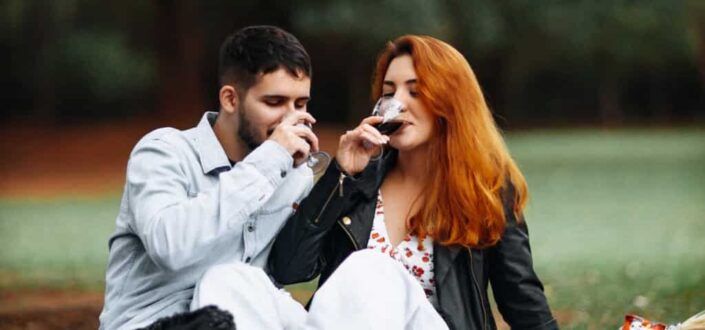 Couple drinking wine at a picnic
