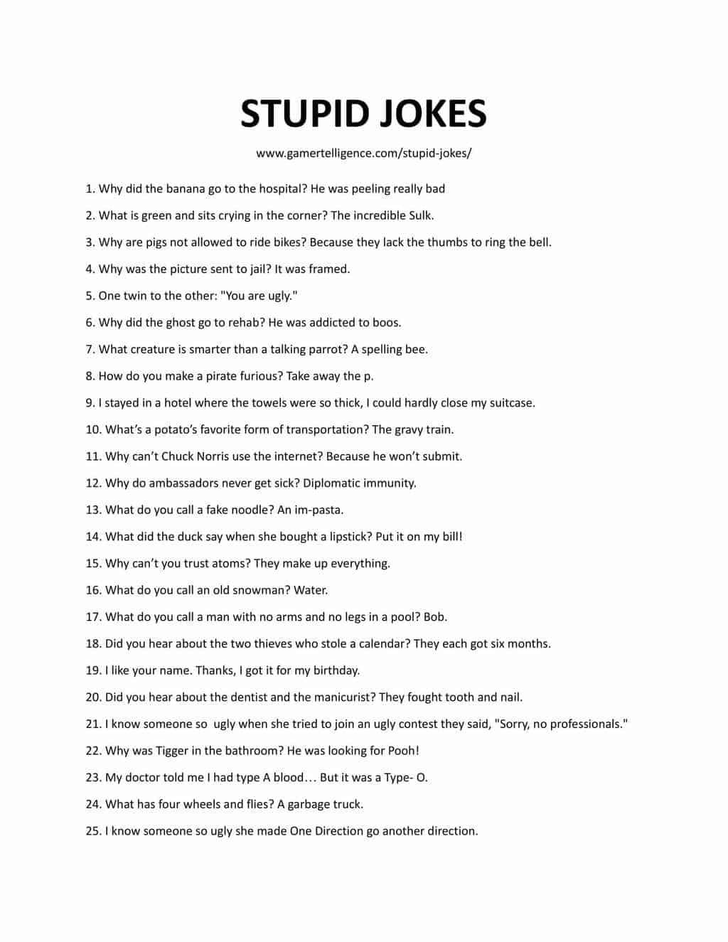 Downloadable and Printable List of Stupid Jokes