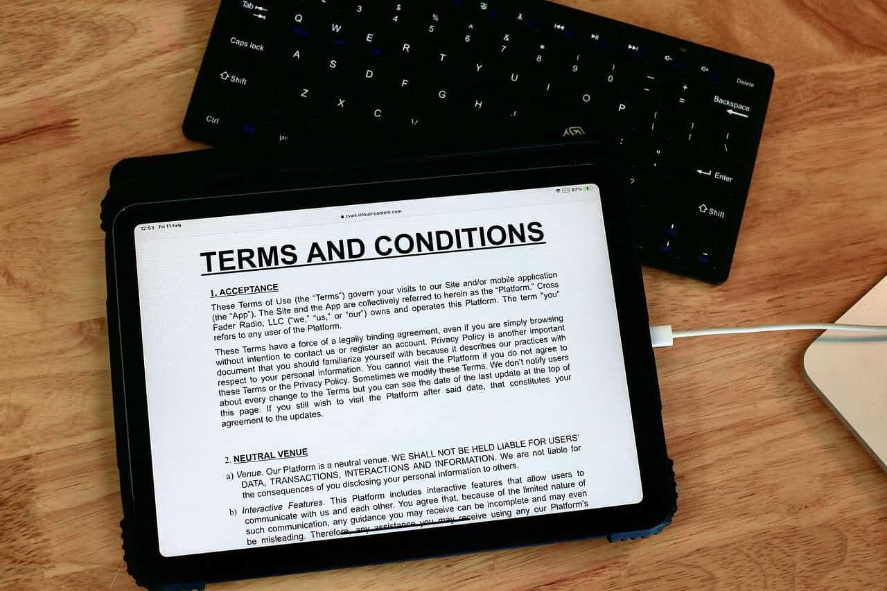 Terms and conditions viewed on a tablet screen